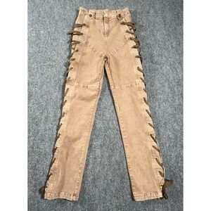 Unique Tall After Hours Lace Up Sides Brown Tan Denim Jeans Pants Women Fashion